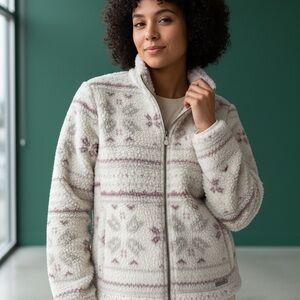 Avalanche Women Cream Multicolor Nordic Fair Isle Sherpa Fleece Zip Jacket L